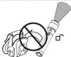 Illustration of a hand holding a backpack and a flashlight with a prohibition symbol (no text or labels)