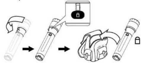 graph TD A["Device with strap"] --> B["Switch"] B --> C["Lock with lock icon"] C --> D["Bay with strap"] D --> E["Backpack"]
