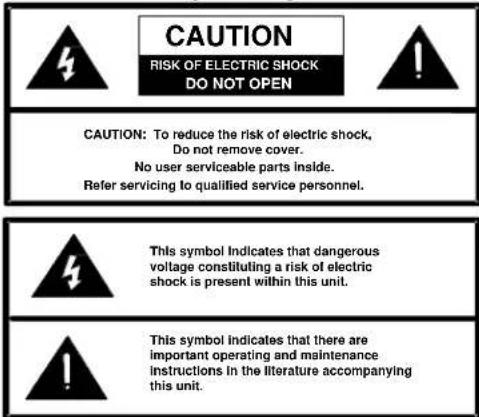 CAUTION RISK OF ELECTRIC SHOCK DO NOT OPEN CAUTION: To reduce the risk of electric shock, Do not remove cover. No user serviceable parts inside. Refer servicing to qualified service personnel. This symbol indicates that dangerous voltage constituting a risk of electric shock is present within this u…