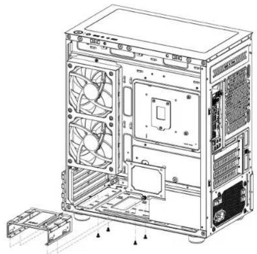 Technical line drawing of a desktop computer tower with visible fan and drive components (no text or labels)