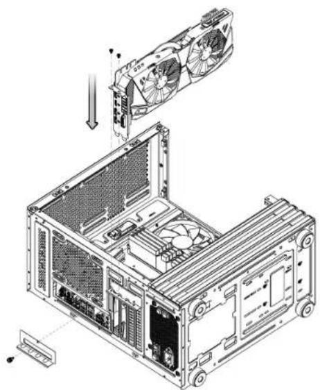 Technical line drawing of a computer tower case with visible fan and drive components (no text or labels)