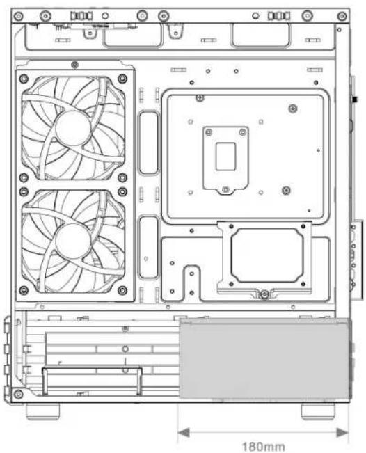 Technical line drawing of a computer tower rear panel showing fan, drive, and chassis components (no text or symbols)