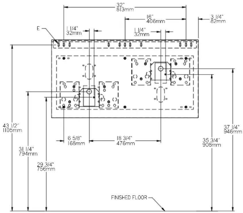 32 po (813 mm), 16 po (406 mm), 3 1/4 po (82 mm), E, 1 1/4 po (32 mm), 1 1/4 po (32 mm), 43 1/2 po (1105 mm), 31 1/4 po (794 mm), 29 3/4 po (756 mm), 6 5/8 po (168 mm), 18 3/4 po (476 mm), 35 3/4 po (908 mm), 37 1/4 po (946 mm), sol fini.