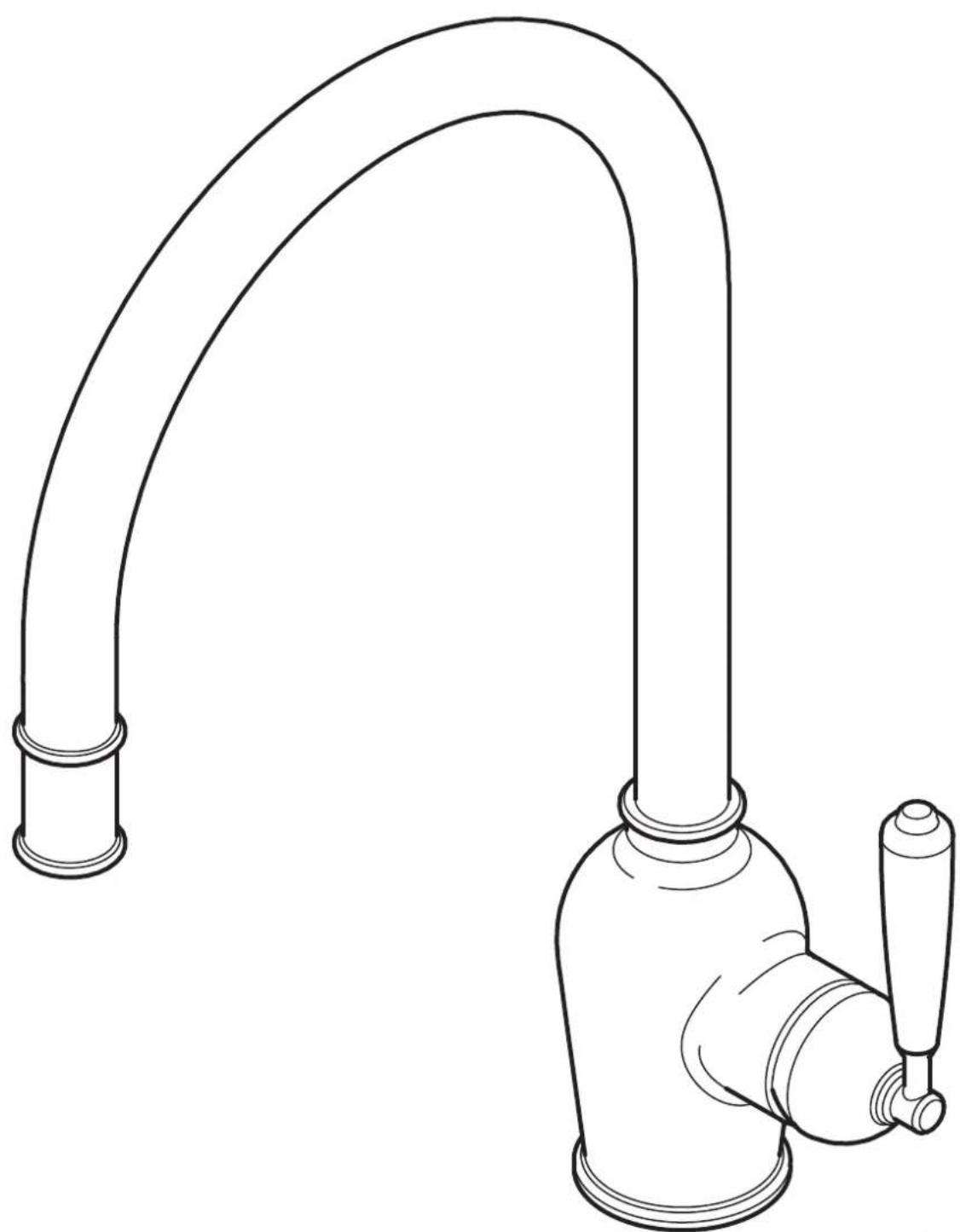 Dessin au trait d'un évier de cuisine avec une poignée arquée et deux poignées latérales (sans texte ni symboles)