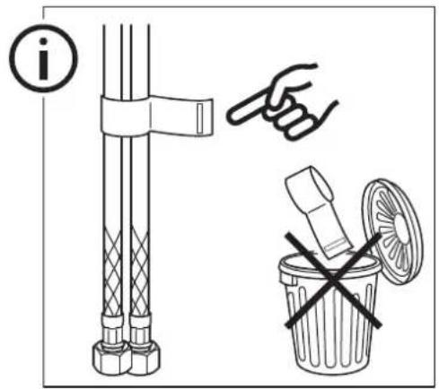 Diagramme illustrant trois types de gestion des déchets : un tuyau avec une poignée, une main pointant vers une poubelle marquée d'un 'X' barré, et un conteneur à déchets en plastique.