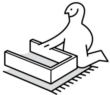 Dessin au trait simple d'un oiseau perché sur un objet rectangulaire avec une base, sans texte ni symboles.