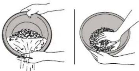 Illustration showing two steps of pouring granular material into a bowl, with no text or symbols present.