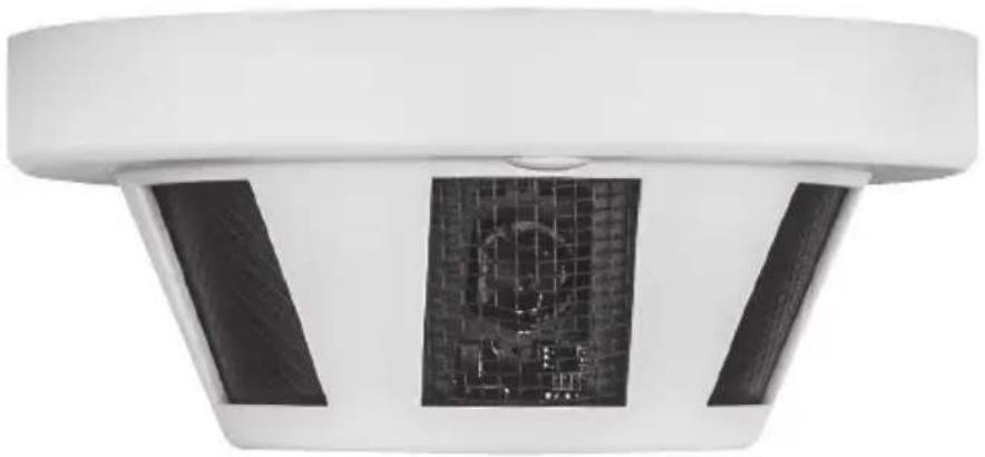 Close-up of a white ceiling-mounted device with a grid-patterned panel and black slats (no visible text or symbols)