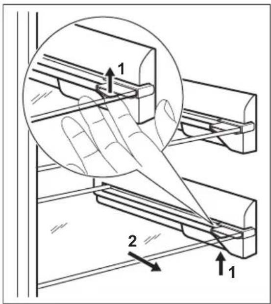 Technical diagram showing a hand holding a bracket with labeled parts 1 and 2, including an inset magnified view of the component.