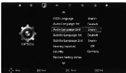 OPTION OSD Language English Audio Language 1st Deutsch Audio Language 2nd English Subtitle Language 1st Deutsch Subtitle Language 2nd English Hearing Impaired Off Country Germany Restore history default.