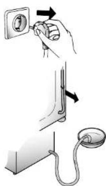 Illustration d'une main utilisant un interrupteur pour installer une prise électrique, avec une vue agrandie de la prise reliée par un tube (sans texte ni symboles).