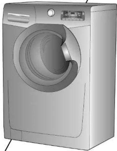 Illustration d'une machine à laver argentée avec un hublot circulaire et un panneau de commande (aucun texte ou symbole visible).