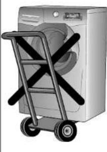 Illustration d'une machine à laver avec un chariot à roulettes et des sangles noires (aucun texte ou symbole).