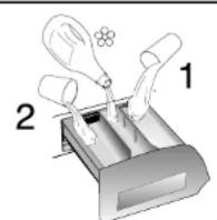 Schéma montrant deux composants étiquetés (1 et 2) d'un dispositif mécanique ou de laboratoire avec des éléments ressemblant à des outils et un symbole de fleur.