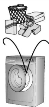 Illustration d'une machine à laver avec un panier et un tissu, reliée à un cordon incurvé (sans texte ni symboles).