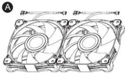 Technical line drawing of a dual-chamber computer fan with cooling fins and connectors (no text or symbols)