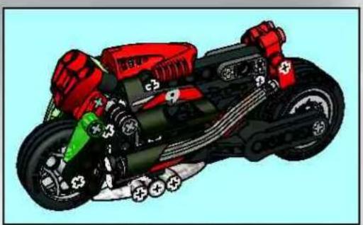 Illustration of a motorcycle with red and green body components (no text or symbols)