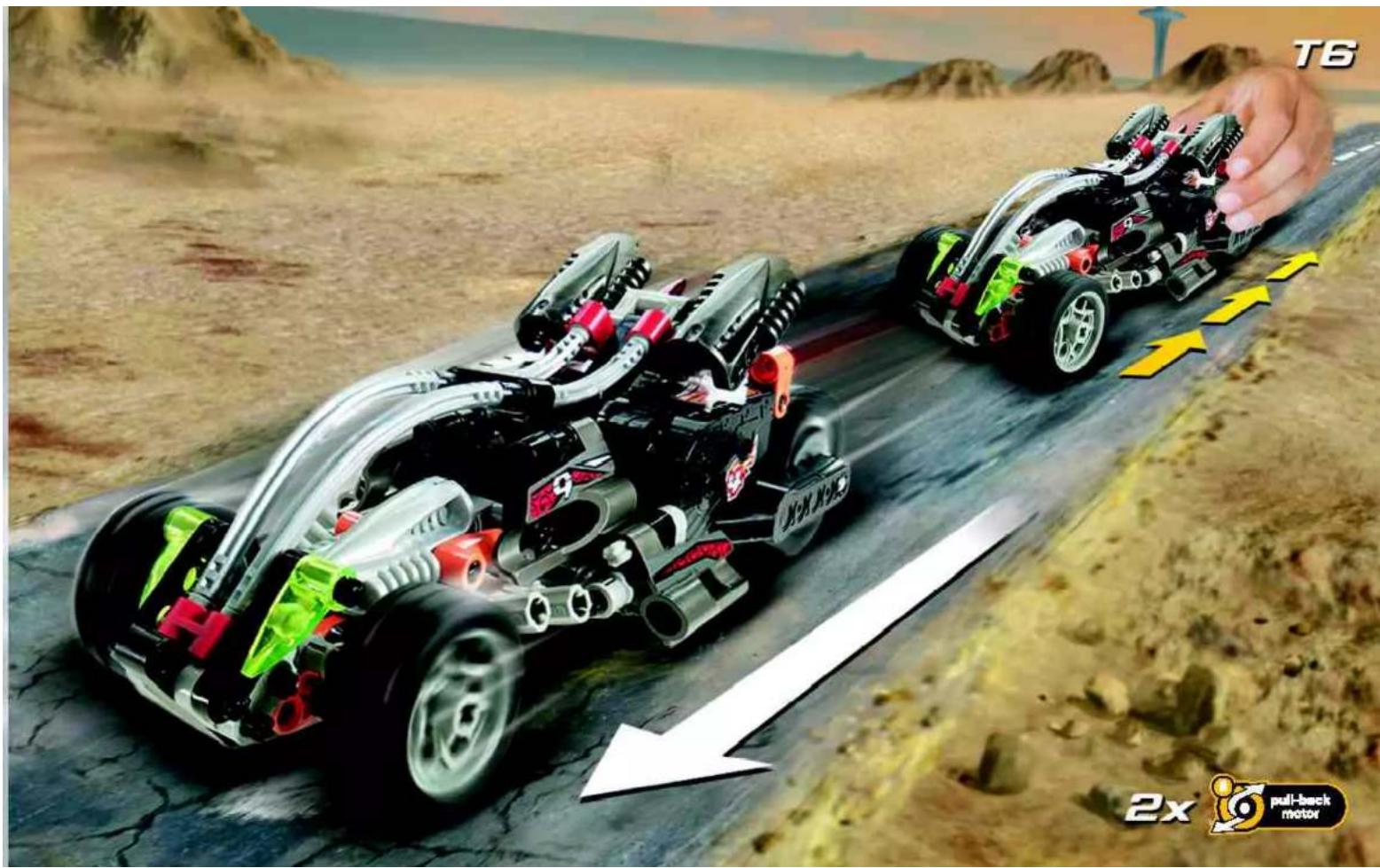 Two robotic cars on a track with a hand pulling them, showing engine and exhaust components (no text or symbols)