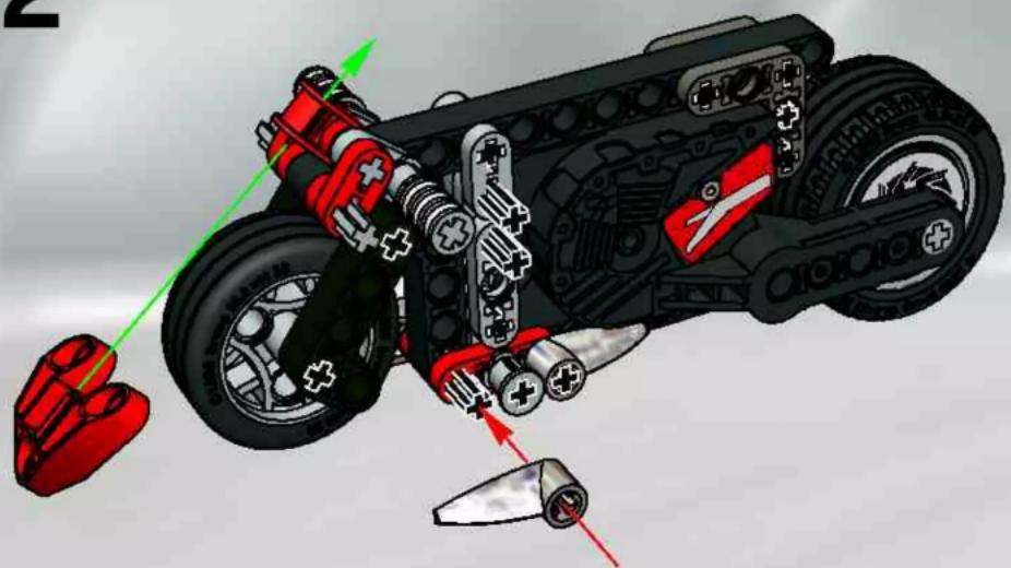 3D mechanical assembly diagram of a robotic car with red and green components, no visible text or symbols