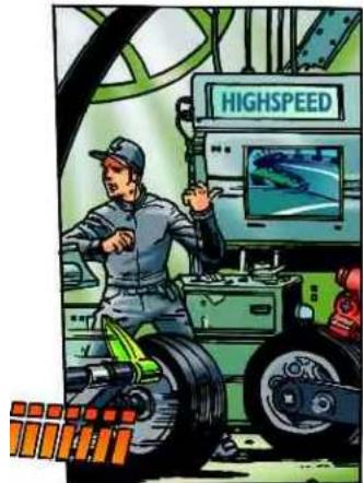 Illustration of a worker operating a high-speed rail vehicle with a monitor displaying a speedometer (no text or symbols present)