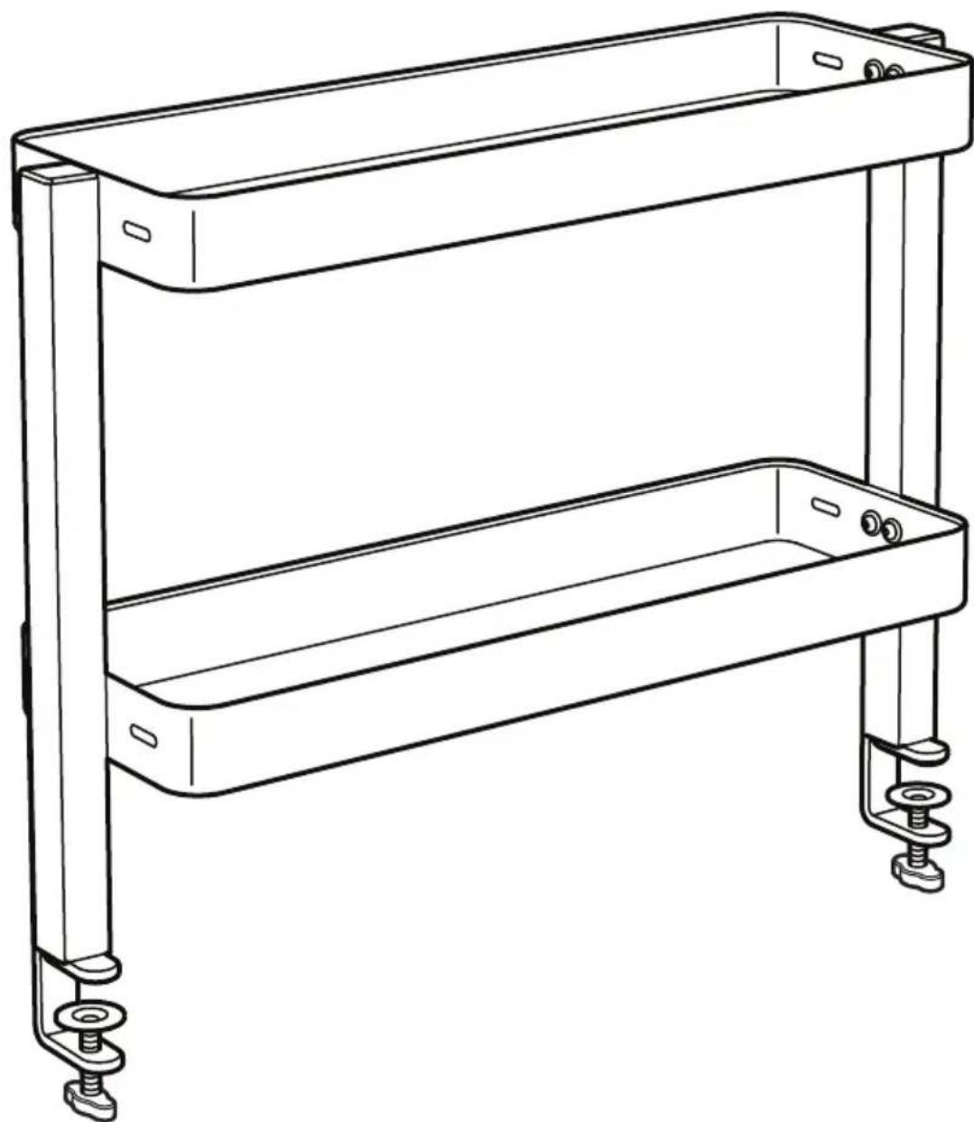 Line drawing of a two-tiered rectangular metal shelf with adjustable legs and mounting feet (no text or symbols)