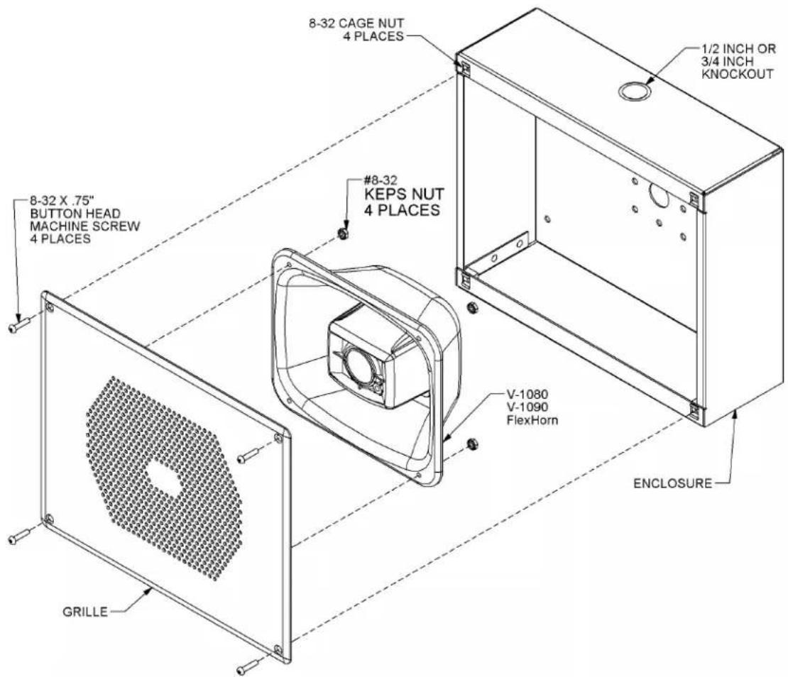 8-32 CAGE NUT 4 PLACES 1/2 INCH OR 3/4 INCH KNOCKOUT #8-32 KEPS NUT 4 PLACES 8-32 X .75" BUTTON HEAD MACHINE SCREW 4 PLACES V-1080 V-1090 FlexHorn ENCLOSURE GRILLE