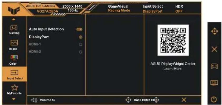 ASUS TUF GAMING 2560 x 1440 VG27AQE5A 165Hz GameVisual Racing Mode Input Select DisplayPort HDR OFF Gaming Image Color Input Select MyFavorites Auto Input Detection DisplayPort HDMI-1 HDMI-2 Volume 50 Back Enter Exit ASUS DisplayWidget Center Learn More