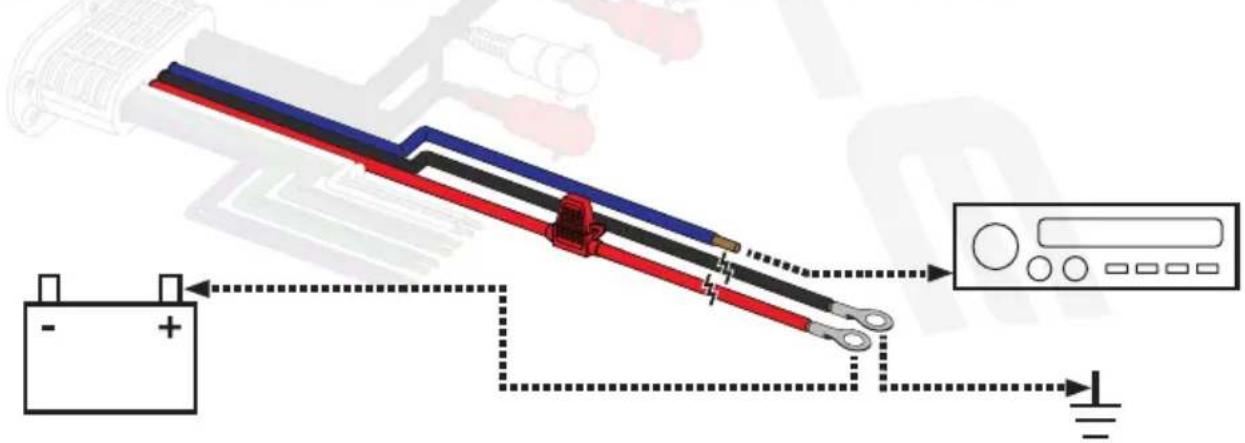 Diagram showing electrical connection with battery, wires, and control panel connected to a power source
