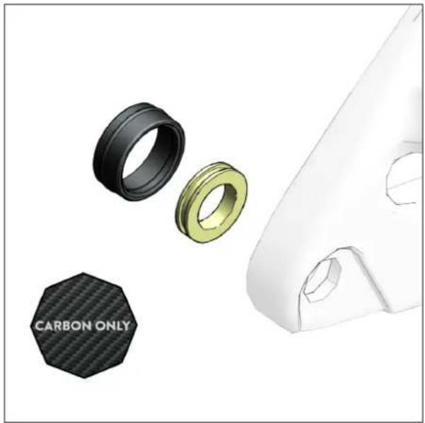 3D rendered mechanical parts including a black and gold ring, a hexagonal nut labeled 'CARBON ONLY', and a white plastic housing (no text beyond label)