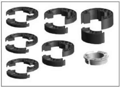Collection of eight black plastic mechanical components with no visible text or symbols