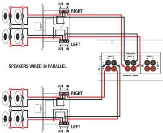 OUT IN RIGHT LEFT OUT IN SPEAKERS WIRED IN PARALLEL OUT IN RIGHT LEFT