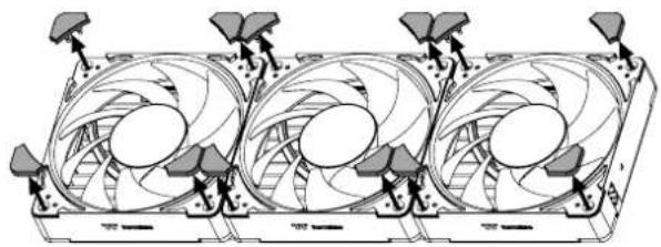 Diagram of three identical fan units in a rack with heat exchangers, no text or symbols present