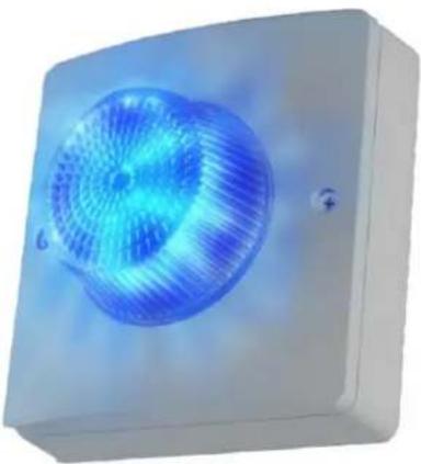 Exterior view of a blue-lit industrial fan or vent with a circular head (no text or symbols visible)