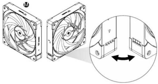 Technical line drawing of a mechanical fan assembly with a magnified inset showing internal rotation (no text or symbols)