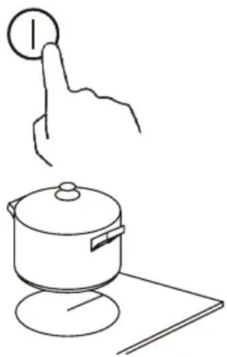 Line drawing of a hand pressing down on a circular object above a cooking pot (no text or symbols)