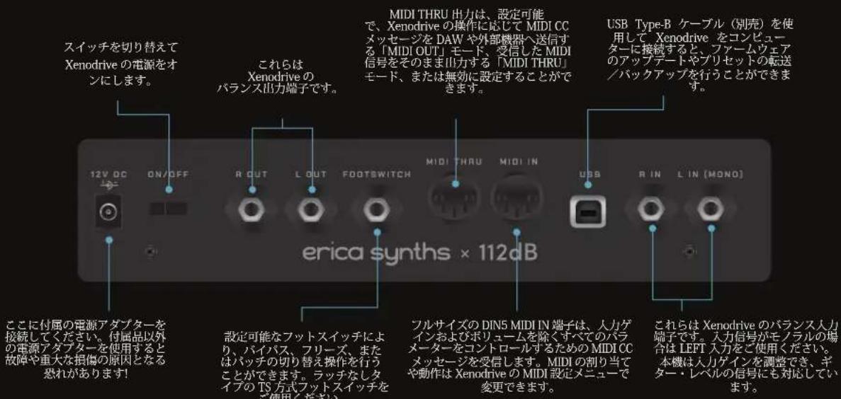 スイッチを切り替えて Xenodrive の電源をオ ンにします。 これらは Xenodrive の バランス出力端子です。 MIDI THRU 出力は、設定可能 で、Xenodrive の操作に応じて MIDI CC メッセージを DAW や外部機器へ送信する 「MIDI OUT」モード、受信した MIDI 信号をそのまま出力する「MIDI THRU」 モード、または無効に設定することができます。 USB Type-B ケーブル(別売)を使 用して Xenodrive をコンピュー ターに接続すると、ファームウェア のアップデートやプリセットの転送 /バックアップを行うことができます。 12…