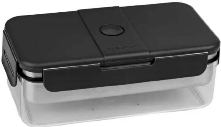 Black and white photo of a modern rectangular food bag with a handle, no visible text or symbols on the main body.