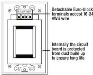 Detachable Euro-block terminals accept 16-24 AWG wire Internally the circuit board is protected from dust build up to ensure long life