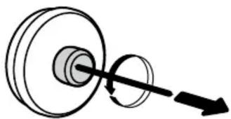 Diagramme d'un système de poulie avec une roue rotative et une flèche directionnelle (sans texte ni étiquettes)