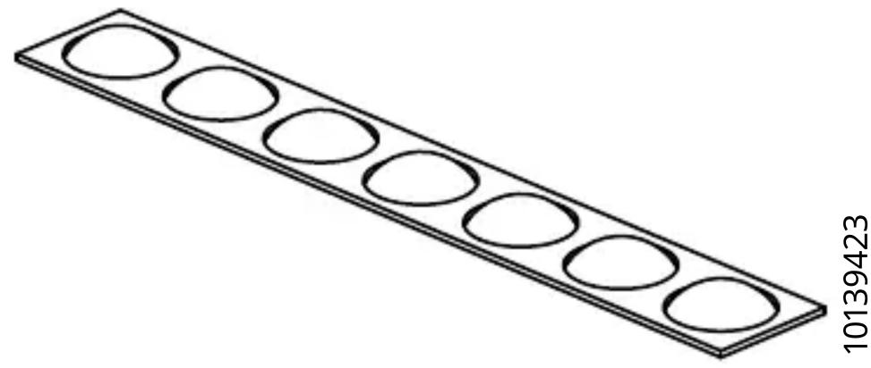 Vue isométrique d'une plaque rectangulaire avec six trous circulaires, sans texte ni symboles