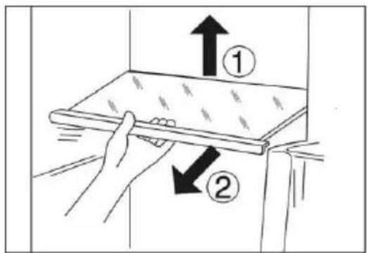 Diagram showing two hands holding a rectangular object with arrows labeled ① and ② indicating direction or movement.