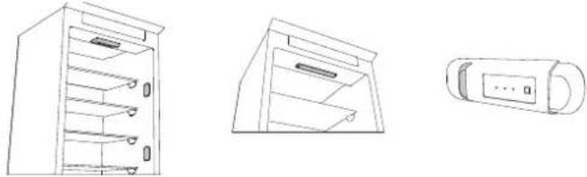 Line drawings of three different household appliances or storage units, shown from different angles (front, side, and top) with no visible text or symbols.