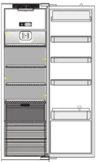 Diagram of a multi-level storage cabinet with labeled compartments and ventilation grilles (no text or symbols present)