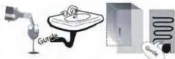 Illustration of a washing machine with a sink and a tube, alongside a cabinet labeled 'Gurde' (no text or symbols on main elements)