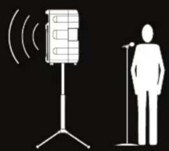 Silhouette of a person standing next to a mounted device with sound waves, alongside a human figure on a stand (no text or symbols)
