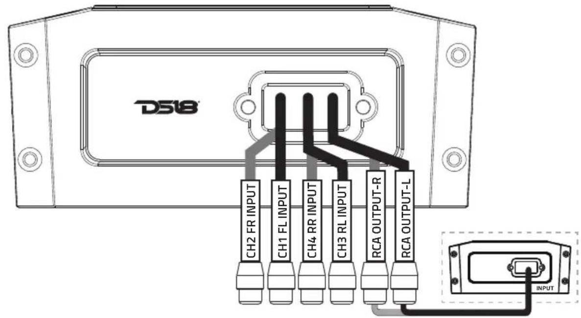 DS18 CH2 FR INPUT CH1 FL INPUT CH4 RR INPUT CH3 RL INPUT RCA OUTPUT-R RCA OUTPUT-L INPUT
