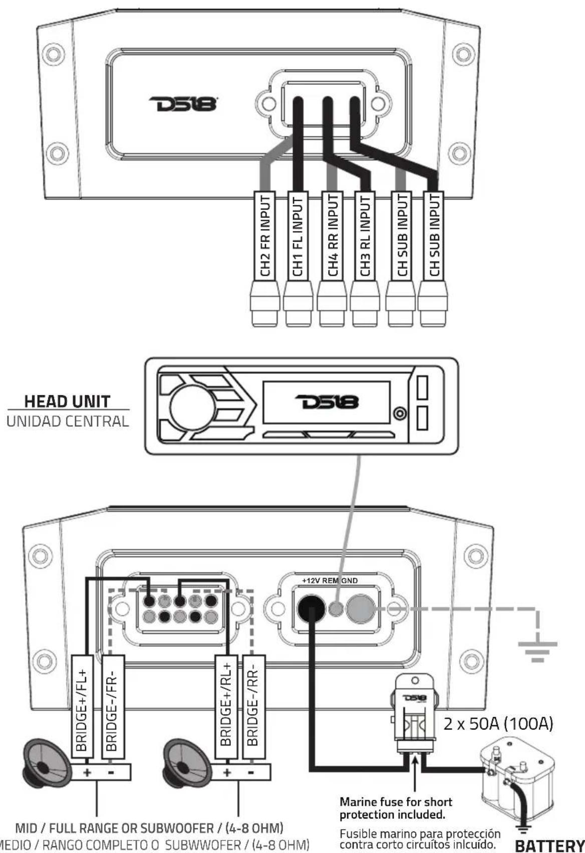 DS18 NXL-X1500.1FR - CHANNEL SPEAKER CONNECTION - 1