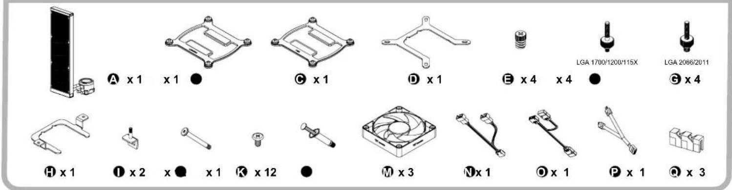 A x 1 x 1 ● C x 1 D x 1 E x 4 x 4 ● LGA 1700/1200/115X LGA 2066/2011 G x 4 H x 1 I x 2 x ● x 1 K x 12 ● M x 3 N x 1 O x 1 P x 1 Q x 3