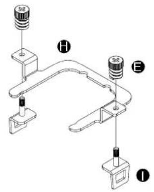 Technical diagram of a mechanical clamp or bracket assembly with labeled parts H, E, and I