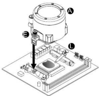 Technical diagram of a computer motherboard with labeled components A, B, and L, showing a mechanical assembly and component insertion.